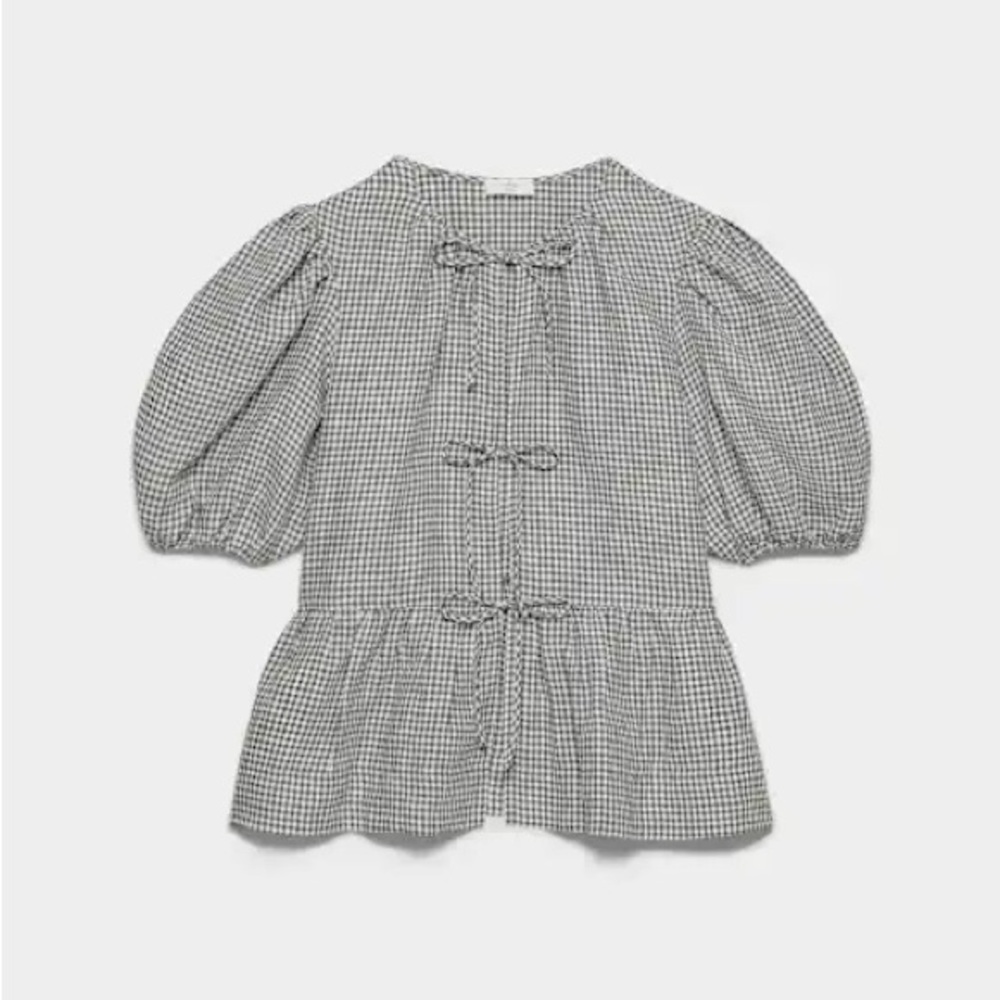 Aritzia Black & White Gingham Puff-Sleeve Tie-Front Top - Picture 4 of 4